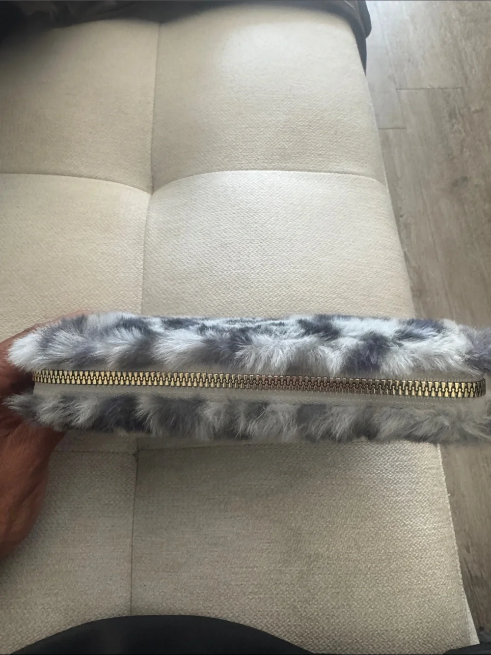 Faux Fur Zip Pouch - Gray and White